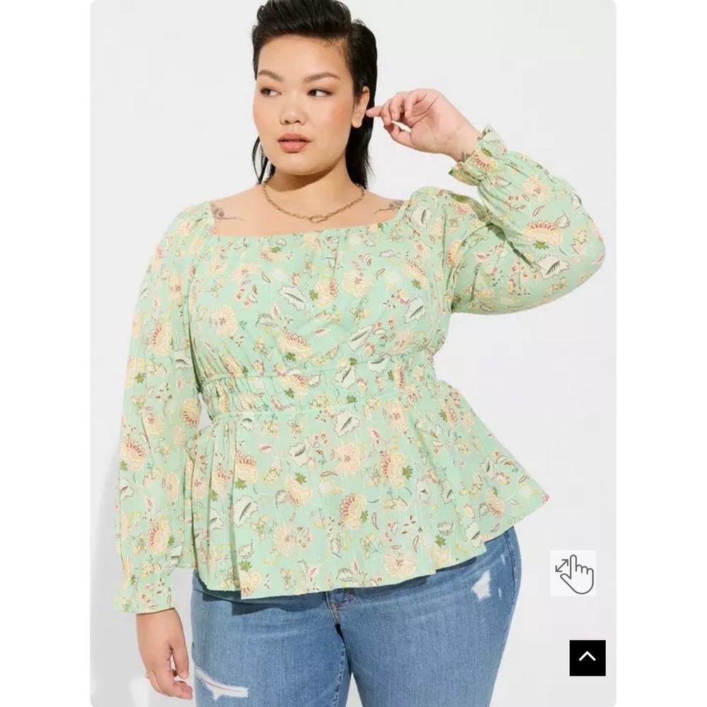 Torrid Size 1 Floral Peplum Blouse Green Cotton Boho‎ Top